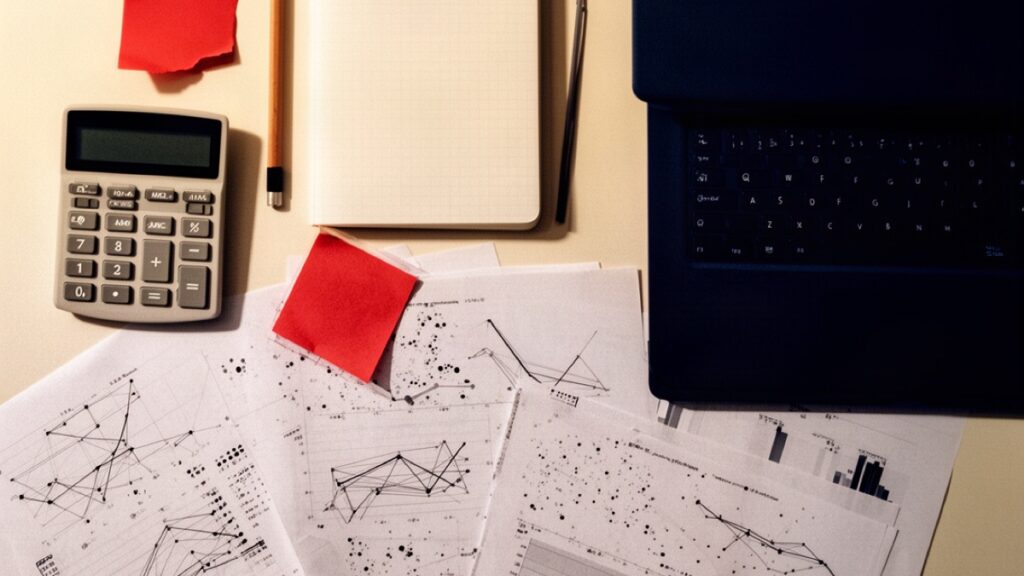 Masada hesap makinesi, defter, dizüstü bilgisayar ve istatistik grafikleri basılı kâğıtlar
