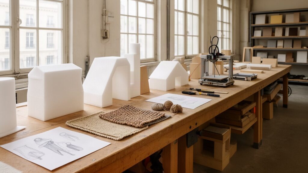 Tasarım atölyesinde köpük prototipler, tekstil örnekleri, eskizler ve 3D yazıcı bulunan uzun çalışma tezgâhı