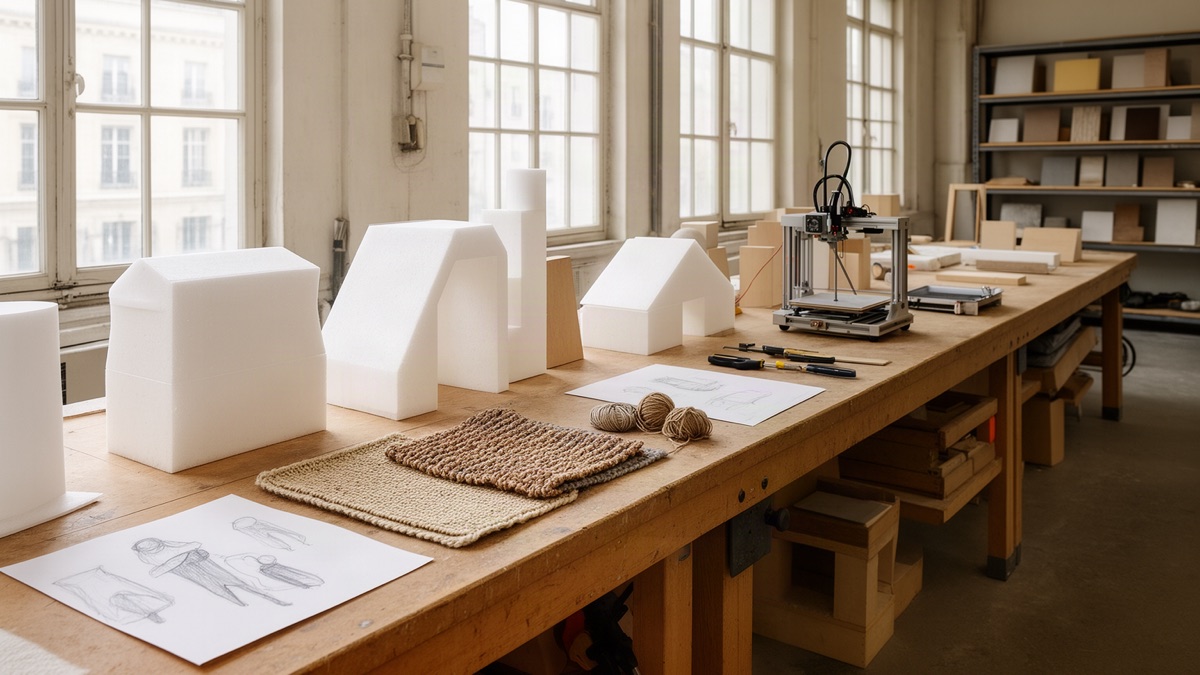 Tasarım atölyesinde köpük prototipler, tekstil örnekleri, eskizler ve 3D yazıcı bulunan uzun çalışma tezgâhı