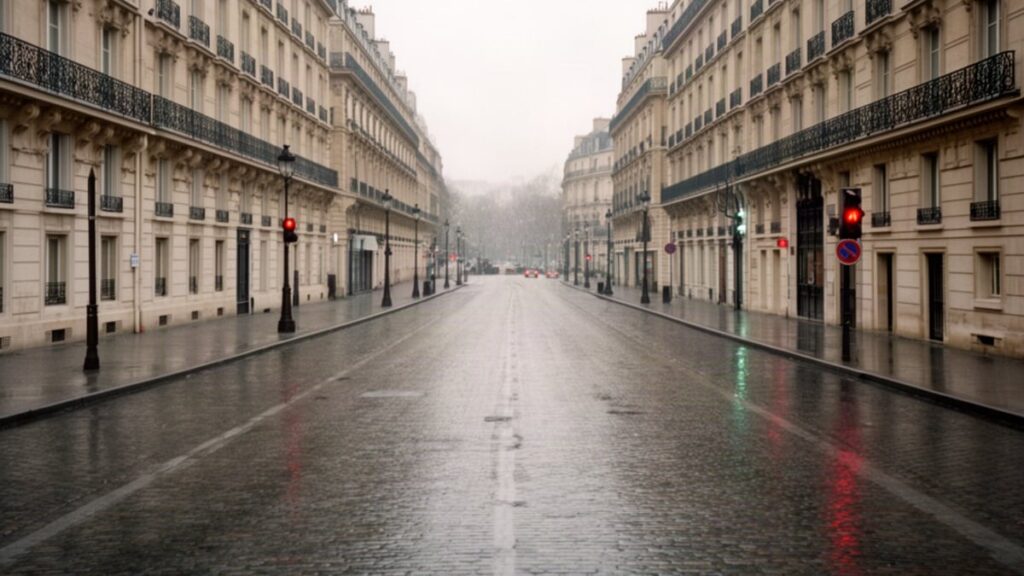 Yağmurlu bir günde boş Paris bulvarı ve Haussmann tarzı binalar