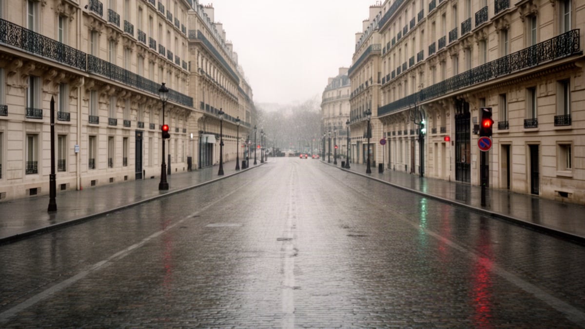 Yağmurlu bir günde boş Paris bulvarı ve Haussmann tarzı binalar