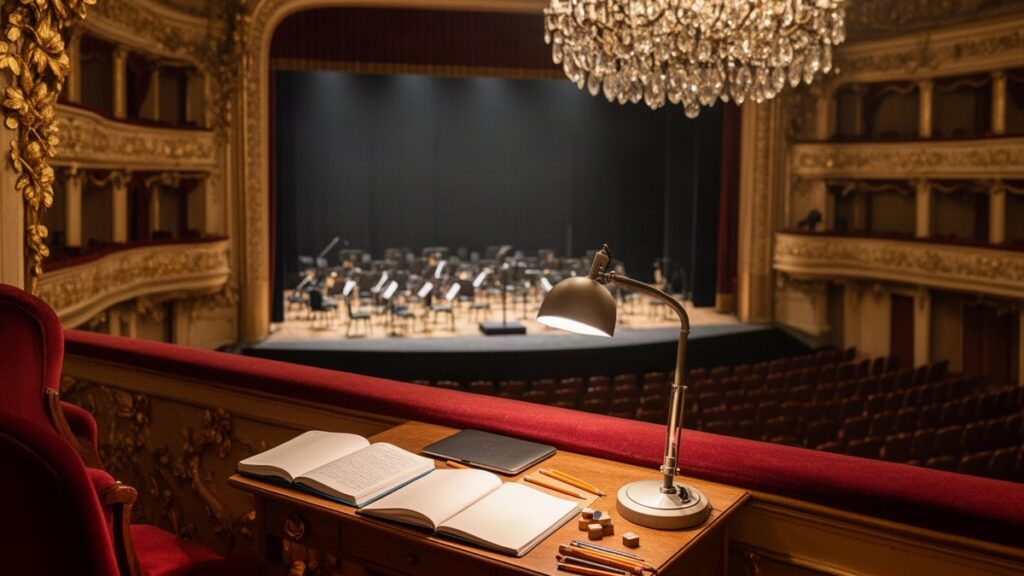 Opera salonunun balkonunda defterler ve masa lambası bulunan çalışma masası, arkada orkestra sandalyeleri olan sahne